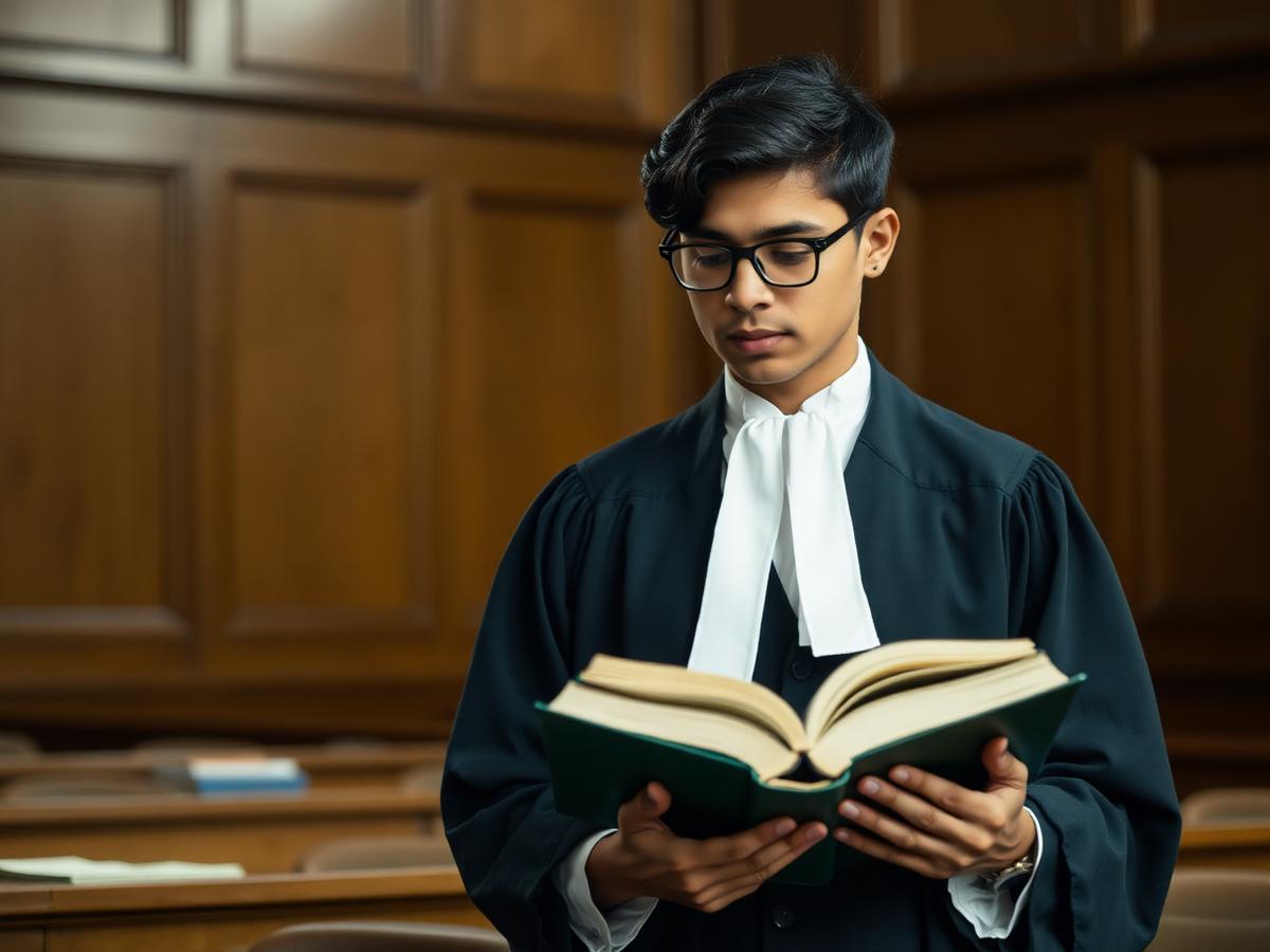 Law student in court attire reading in a moot courtroom